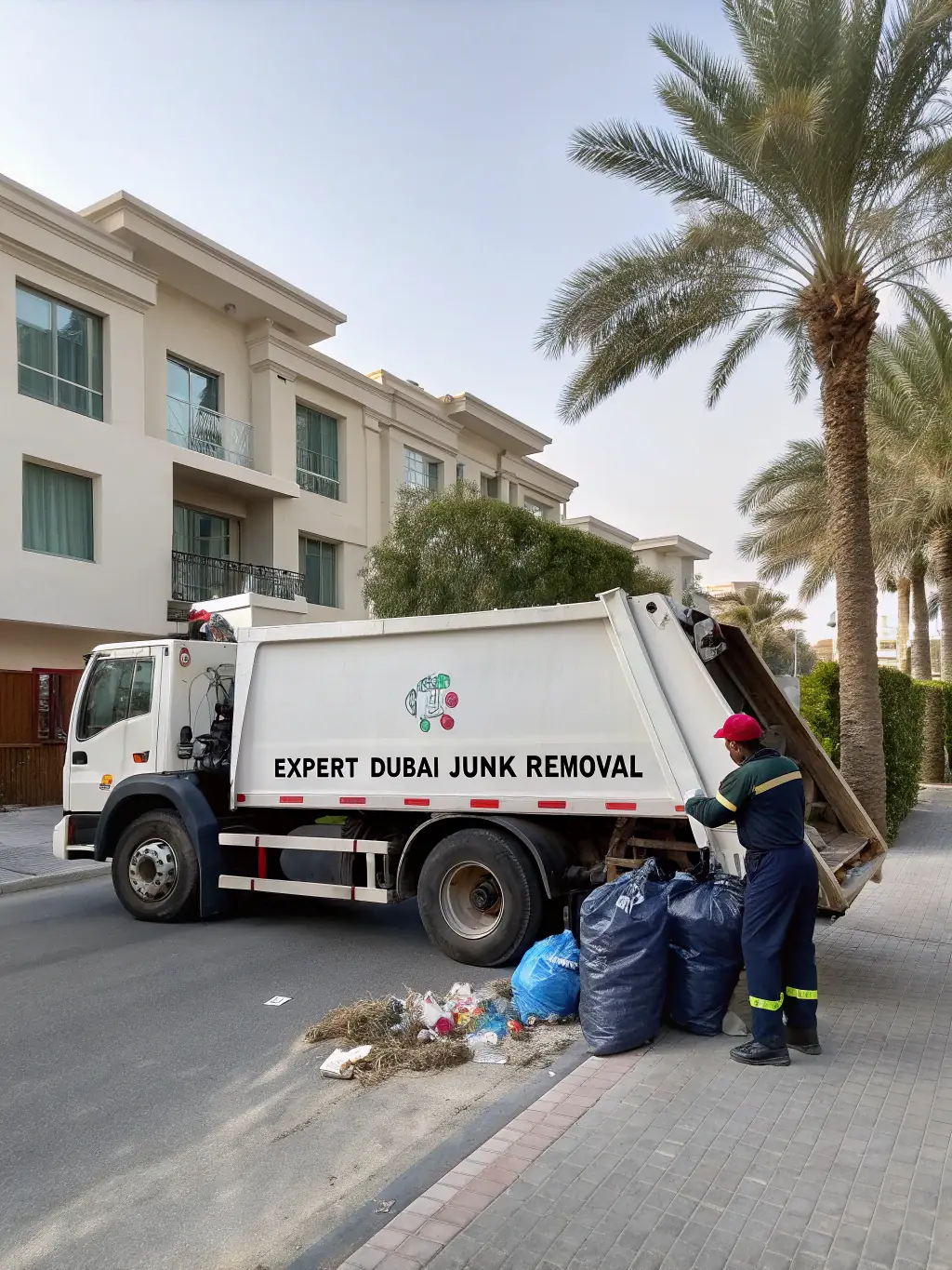 A fully equipped Expert Dubai Junk Removal truck efficiently navigating through Dubai streets, collecting waste from a residential area.