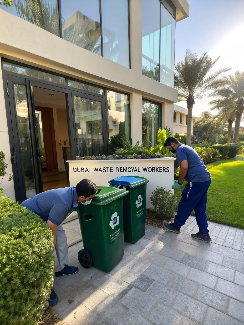 A team of professionals removing household waste from a Dubai residence, with eco-friendly disposal bins, showcasing residential waste removal services.