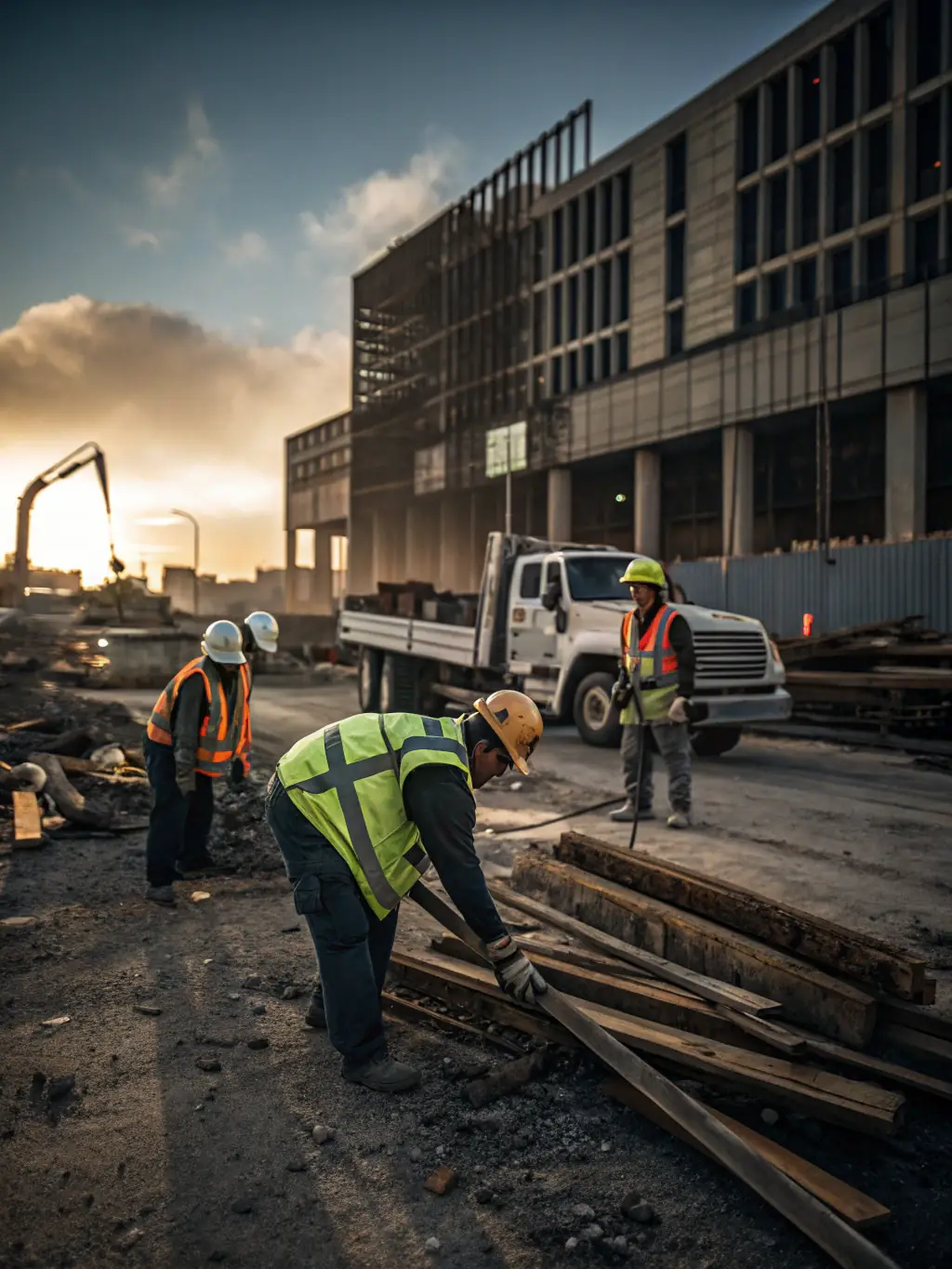 A crew handling commercial waste in a busy Dubai construction site, using specialized equipment, demonstrating commercial waste management.