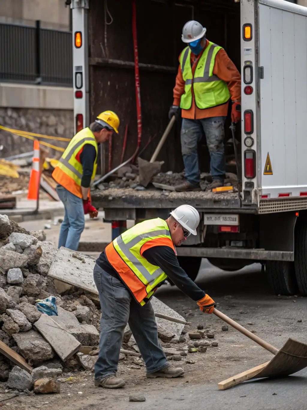 A professional team from Expert Dubai Junk Removal removing construction debris from a commercial site, ensuring safety and compliance.