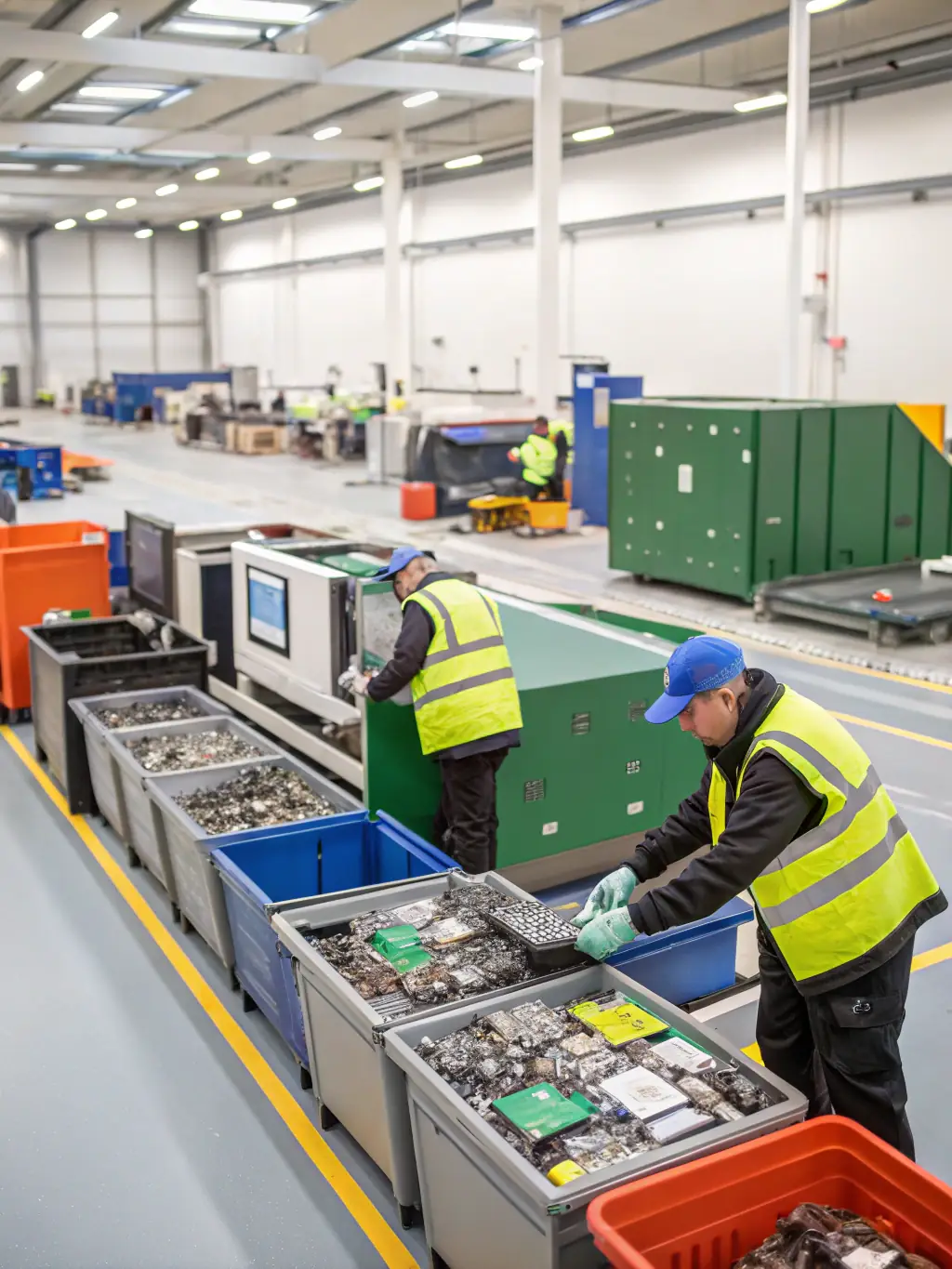 A smiling worker in a branded Expert Dubai Junk Removal uniform carefully sorting recyclable materials at a modern recycling facility.