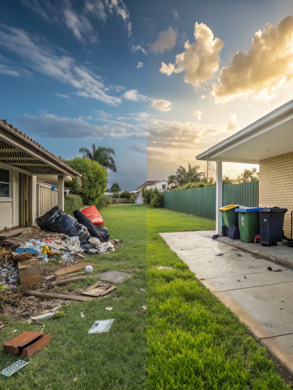 A before-and-after shot of a property, showing a significant difference after a junk removal service.