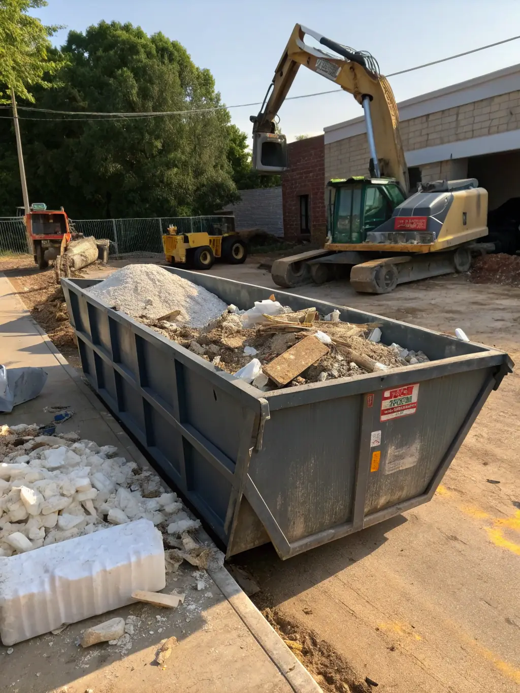 A large dumpster filled with construction debris at a commercial site, illustrating commercial waste management.