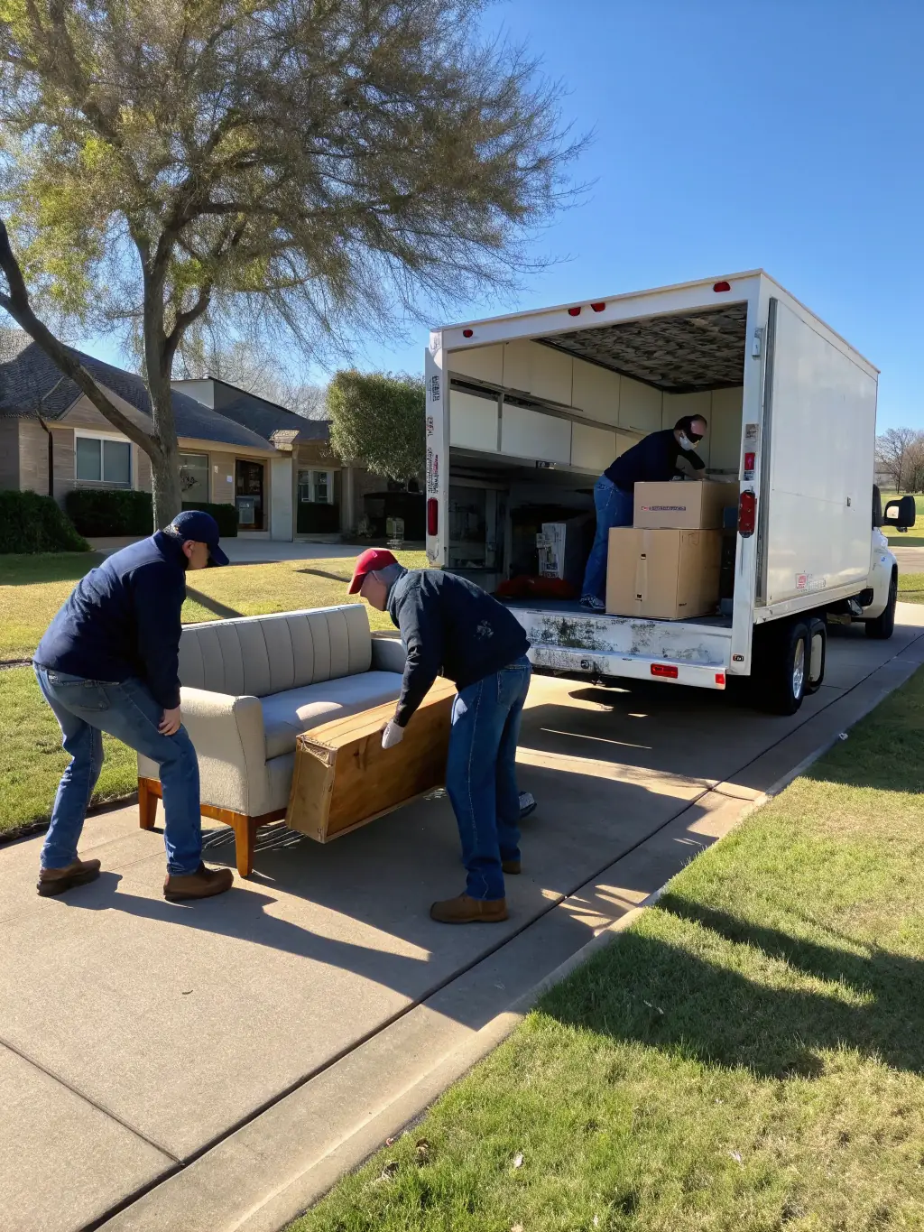 A professional team in branded uniforms loading household junk into a truck, showcasing residential cleanout services.